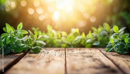 Sunlit wooden surface with vibrant green foliage