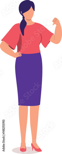 One Young Woman Employee In Businesswear Standing And Showing One Hand With Thumbs Down.