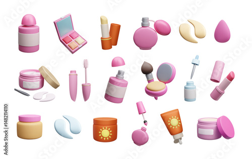 Different beauty makeup cosmetic product 3D style icon set vector illustration bundle collection. Makeup palette, lipstick, perfume bottle, eye patches, nail polish, sunscreen, mascara, moisturizer.