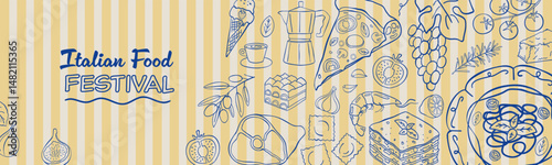 Italian food background or poster. Pattern with mediterranean healthy eat. Graphic for restaurant, menu, kitchen. Doodle vector illustration. Trendy hand drawn pasta, lasagne, tomato, lemon etc.