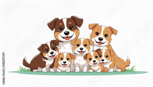 AI Generative. Happy Cartoon Dog Family on White Background. 5
