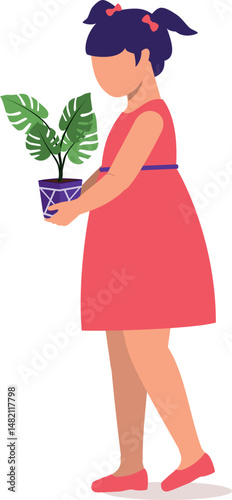 Side View Of A Little Girl Carrying A Potted Plant.