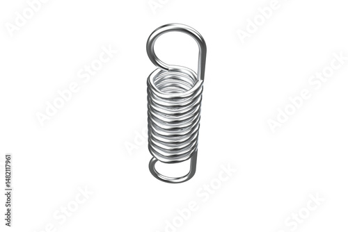 Close-up of a Shiny Steel Extension Spring with Hook Terminals, Silver Metal, Helical Tension, Durable Metal Coil Spring for Mechanical Applications, Industrial Automotive or Machinery Use on a PNG