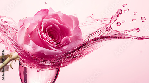 Close up of a pink rose being splashed with water.