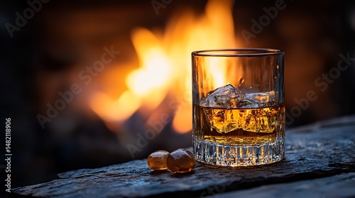 Whiskey glass with ice cubes by a fireplace