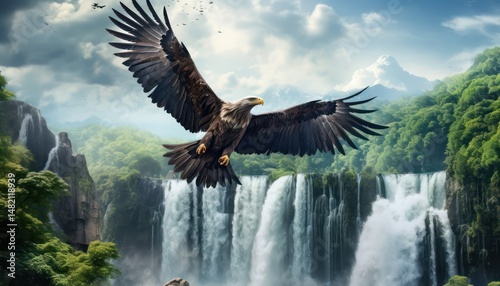 Eagle flying freely above the sky, with a stunning mountain backdrop at sunrise view