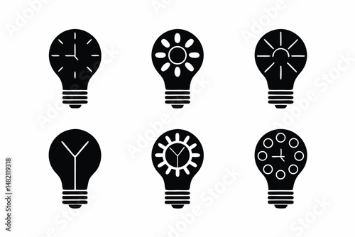 set of light bulb with clock icon vector silhouette illustration isolated on white background