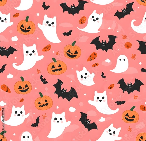 Halloween seamless pattern featuring bats, pumpkins, and ghost-like cats on pink backdrop.