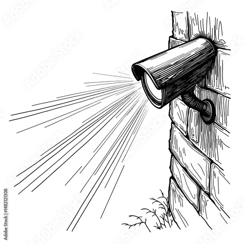 Security light flashing on house wall at night, safety concept