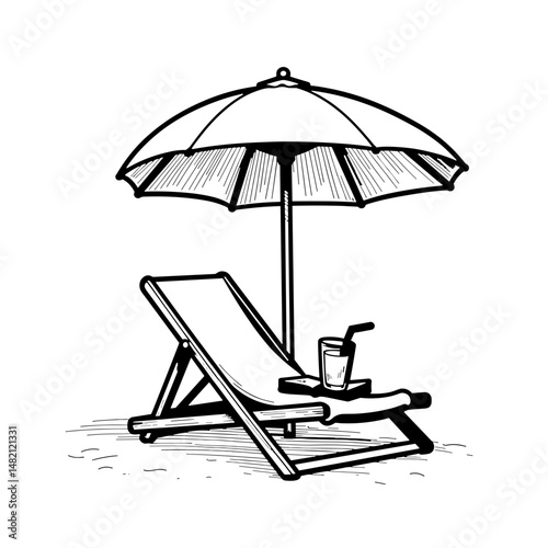Relaxing beach chair under umbrella with drink and book, summer vibes