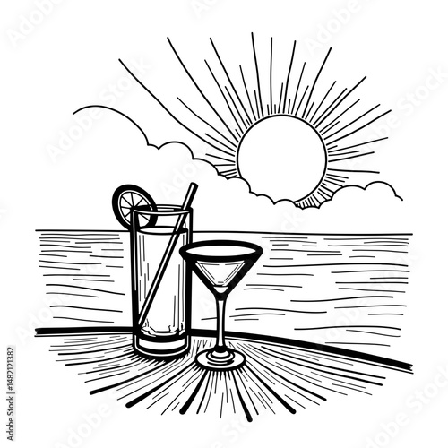 Sunset cruise cocktails by calm ocean view, relaxation concept