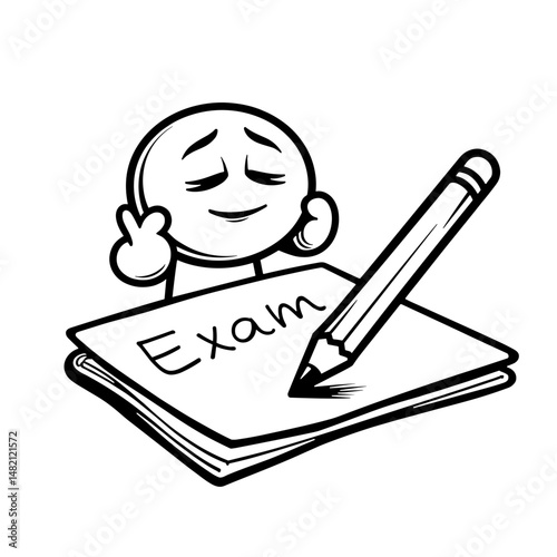 Stress relief while taking exam with pencil and emoji, calm mindset