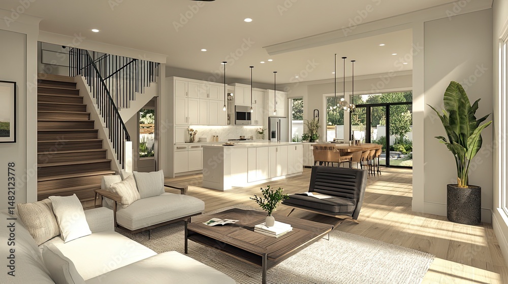 Fototapeta premium A modern house with an open kitchen and living room.