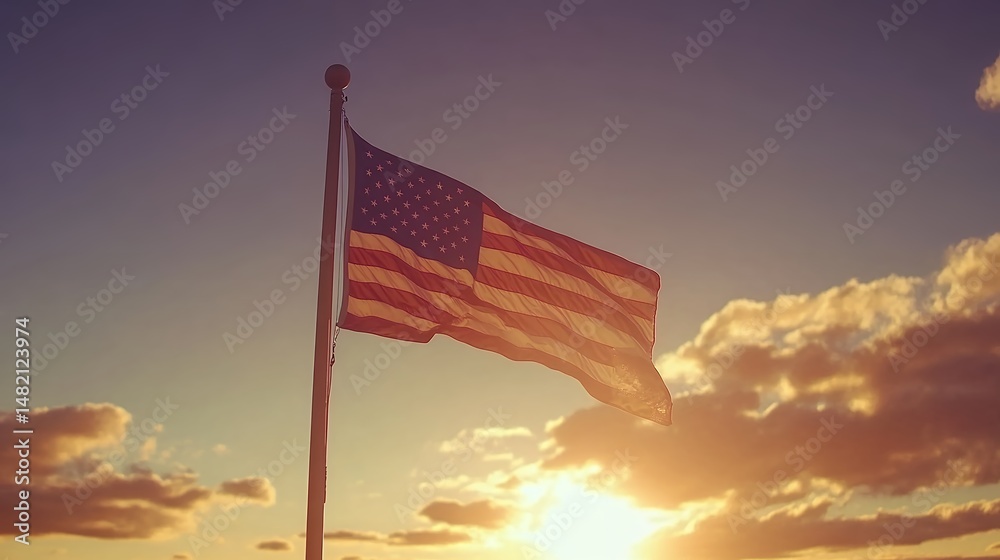 Obraz premium American Flag Sunset Sky Patriotism National Pride USA Symbol Freedom Waves red day blue gold pole