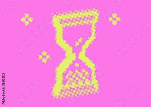 Stylized hourglass shape vector illustration on pink background. Timer halftone dot pattern. Abstract grunge overlay texture. Retro bold dotted yellow green design element