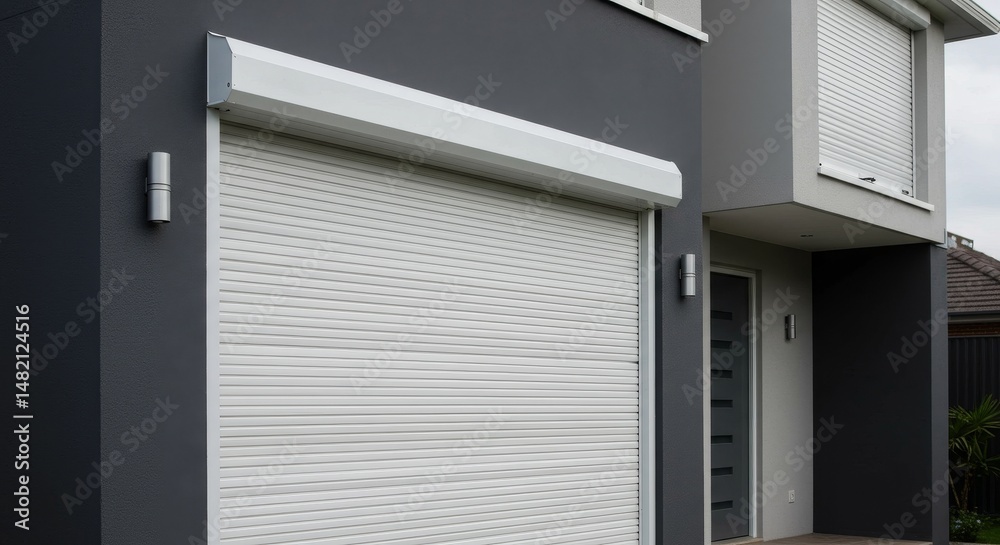 Fototapeta premium Photo of Modern House Exterior with White Roller Shutter Garage Door