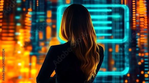 A woman stands in front of a glowing digital interface, surrounded by vibrant blue and orange lights, suggesting technology or cybersecurity.