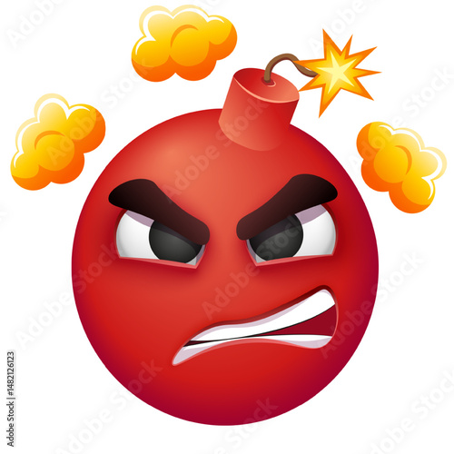 Exploding angry emoji. Comic bombshell with burning wick flat vector illustration. Cartoon cute bomb with comical  red face emotions. Cute emoticon