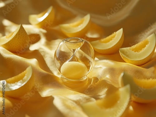 A clear hourglass rests amidst slices of yellow melon on a golden fabric