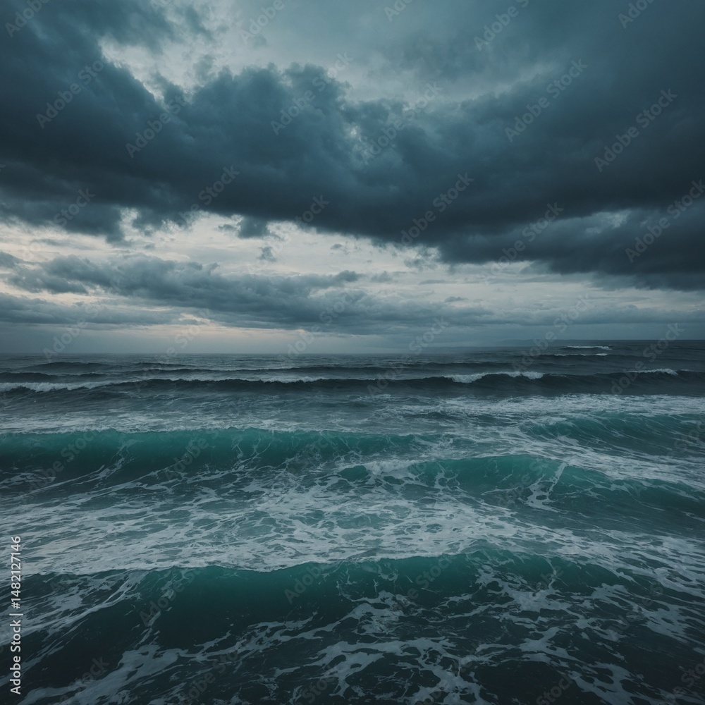 Fototapeta premium Dark storm clouds gather over the blue sea, hinting at a stormy weather across the horizon of the seascape