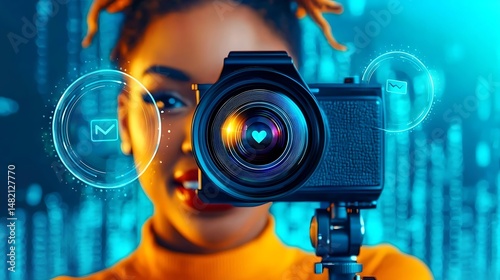 A woman with a camera is surrounded by digital icons, highlighting modern photography in a vibrant, tech-inspired environment.