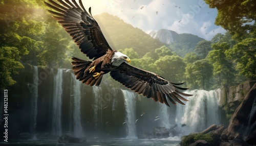 Eagle flying freely above the sky, with a stunning mountain backdrop at sunrise view
