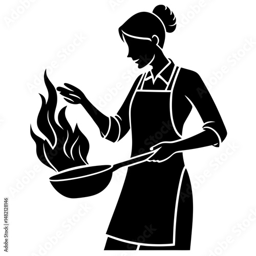 Woman cooking with fire silhouette vector illustration
