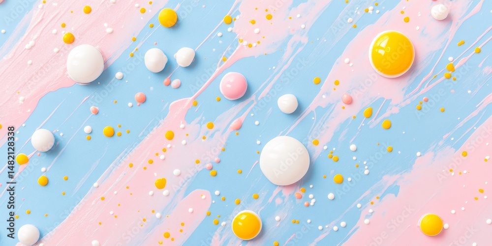 Fototapeta premium Abstract Pastel Background With Pink, Yellow, And White Paint Splashes On A Blue Backdrop