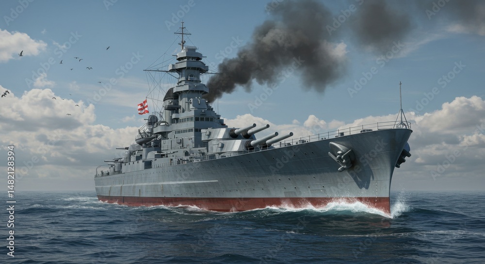 Obraz premium Battleship Sailing on Ocean