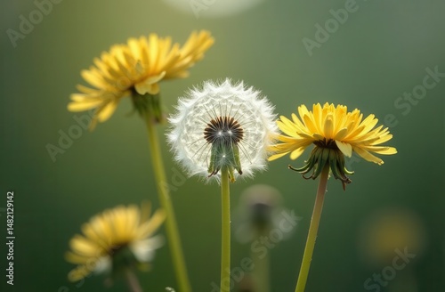 dandelion umbrellas on green background close-up. outdoor in nature recreation in summer