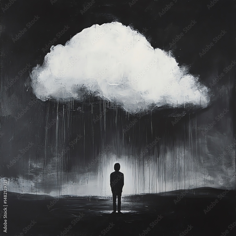 Fototapeta premium Man Silhouette Under Rain Cloud