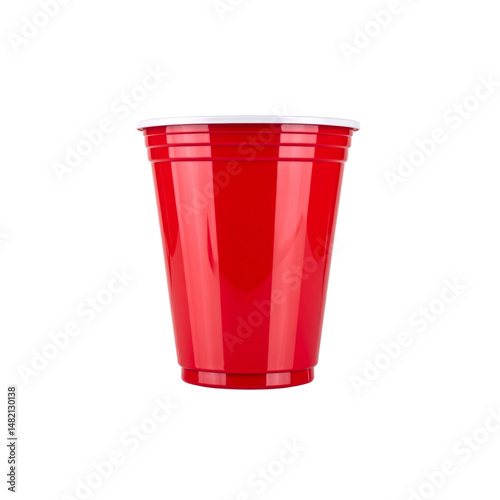 red plastic cup, commonly used for parties and gatherings, stands out with its glossy finish and classic design. This cup evokes sense of fun and celebration