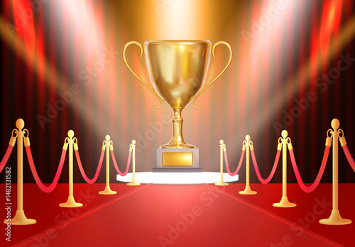 3d golden trophy on red background with carpet, path barriers 3d and curtain.Luxury entrance to vip event or celebrity party isolated on white background. Stock vector illustration