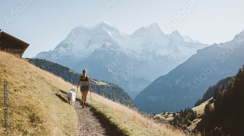 Pet friendly travel in the Swiss Alps with a woman and her border collie exploring picturesque hiking trails