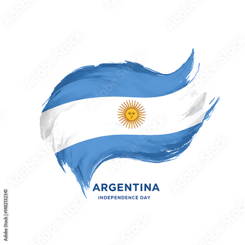 The waving Argentina flag, a national symbol of the Argentine nation, features the argentinian colors and the iconic Sun of May emblem, an illustration of patriotism from South America