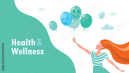 Health and wellness illustration of a girl holding balloons with positive smiling faces and letting go of negative emotion.