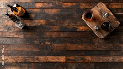 Rustic wooden table setup with bottles and glasses, showcasing a top-down view