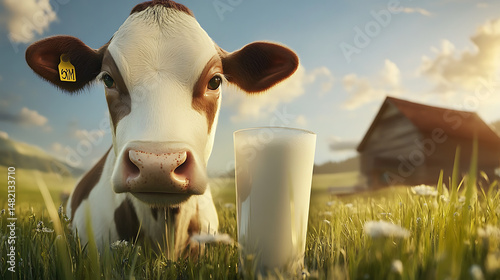 Brown and white cow near glass of fresh milk in a sunny meadow with rustic barn in the background.
