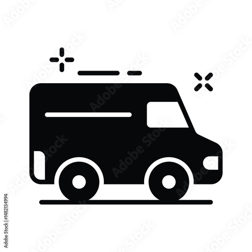 A trendy glyph icon of delivery van vehicle