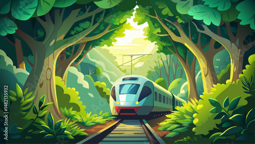  The train glides gently through a corridor of lush green trees, each leaf glowing under soft sunlight. Nature frames the journey with its vibrant tranquility.