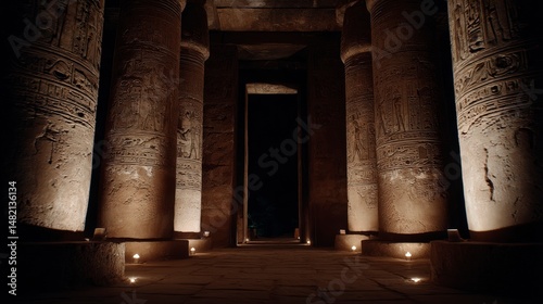 Illuminated Hieroglyphs Of Ancient Temple At Night