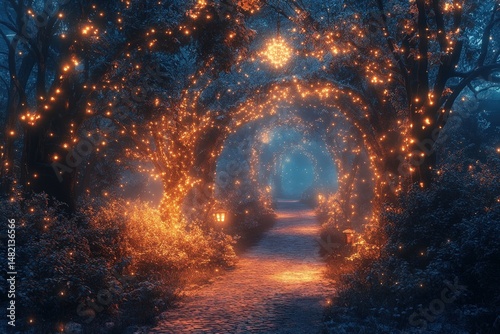 Stunning Path Illuminated by Twinkling Lights Surrounded by Trees on a Misty Evening