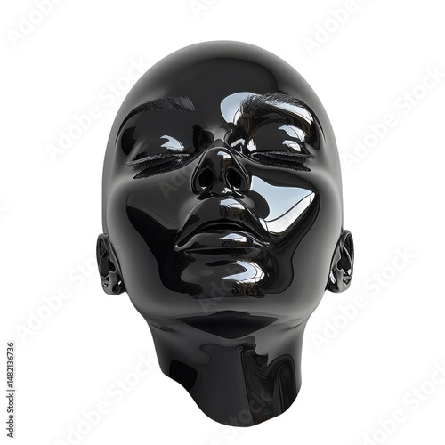 A mesmerizing glossy black mannequin head evokes serenity and modern on transparent background