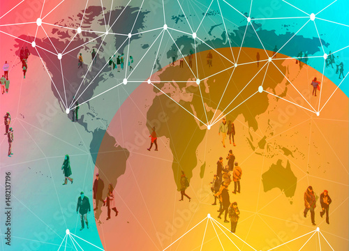 Abstract illustration of a world map with network connections and people representing global business and communication