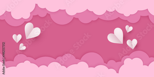 banner with pink sky and paper cut clouds, valentine's day template with hearts, rose cloudscape border frame pastel colors