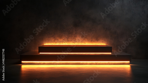 Platform with two levels in a dark room with smoke creating a dramatic and modern look.