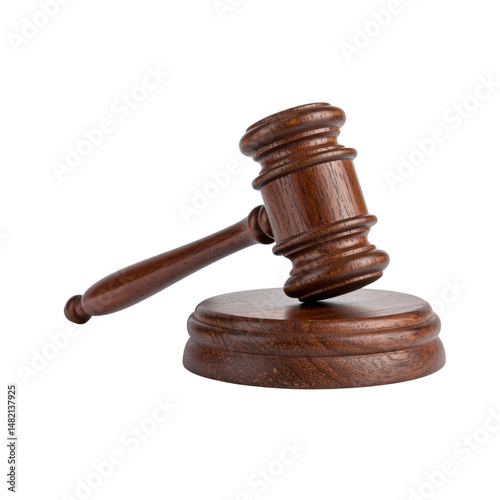 wooden gavel rests on circular base, symbolizing authority and justice in courtroom setting. This evokes sense of legal proceedings and decision making