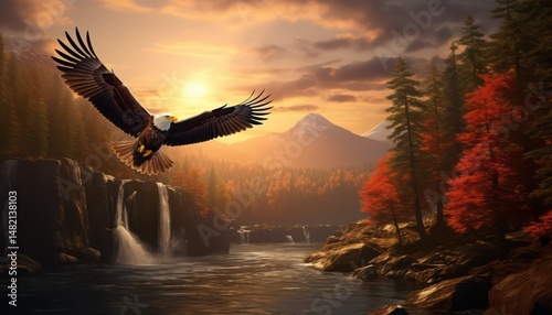 Eagle flying freely above the sky, with a stunning mountain backdrop at sunrise view