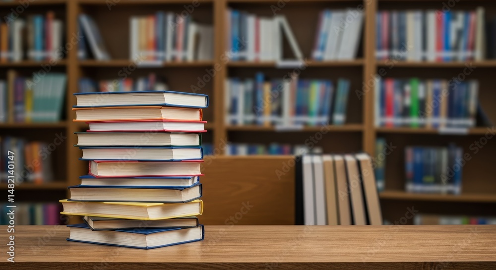 Photo of Stack of Colorful Books on Wooden Table in Library Photo of Stack of Colorful Books on Wooden Table in Library