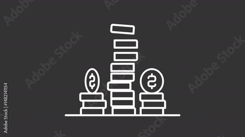 Animated money white line icon. Coin stacks animation. Spinning coins. Jumping, shaking. Profit, income. Financial management. Isolated element on dark background. Alpha transparent video